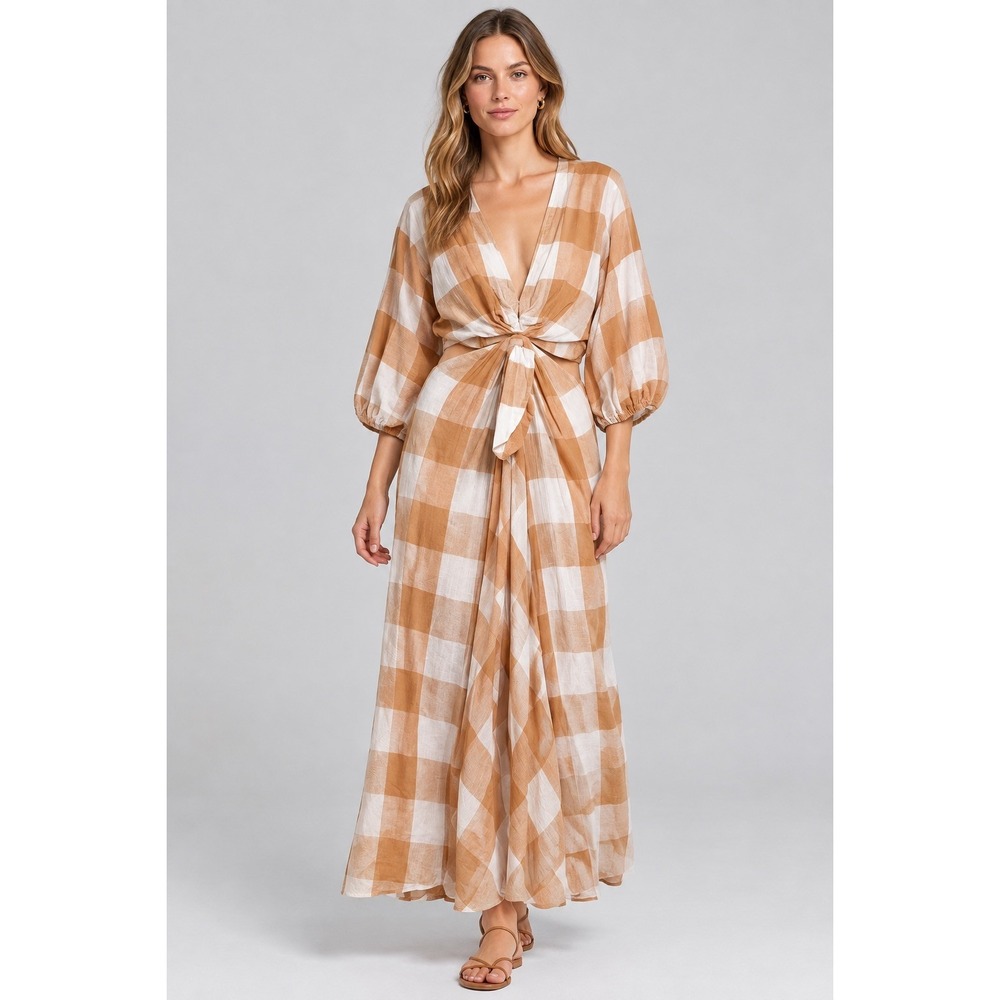 Significant Other Tan Gingham Cotton Cutout Maxi Dress Puff Sleeve US 8 AU 12